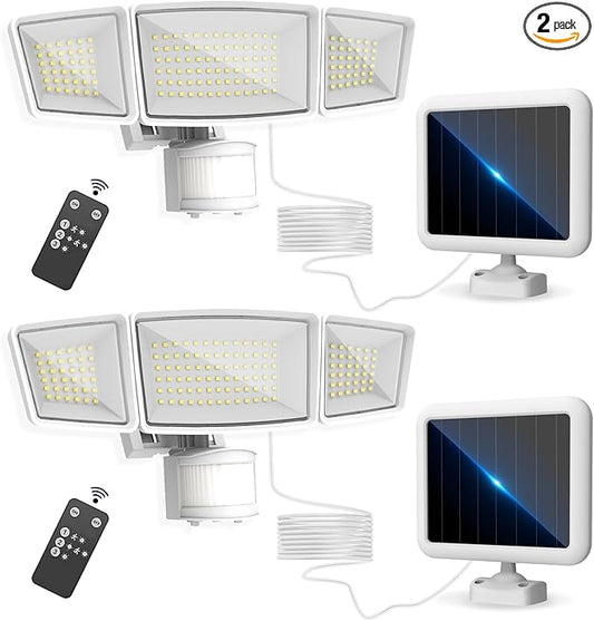 Energetic Solar Outdoor Lights, 1800LM 192 LED Security Motion Sensor Outdoor Lights with Remote Control, IP65 Waterproof Floodlight, 3 Head Motion Detected Spotlight for Garage, Pack of 2 (White)-VerdiqueGarden
