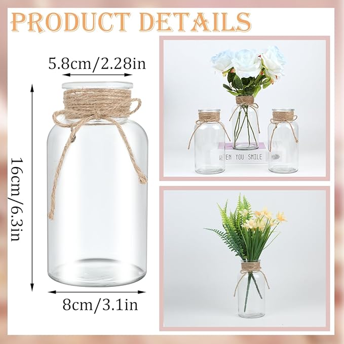 Vintage Glass Flower Vase，12 Pack Farmhouse Transparent White Glass Centerpiece Vases Mason Jars for Weddings, Parties & Home Decor Bulk (12, Transparent)-VerdiqueGarden