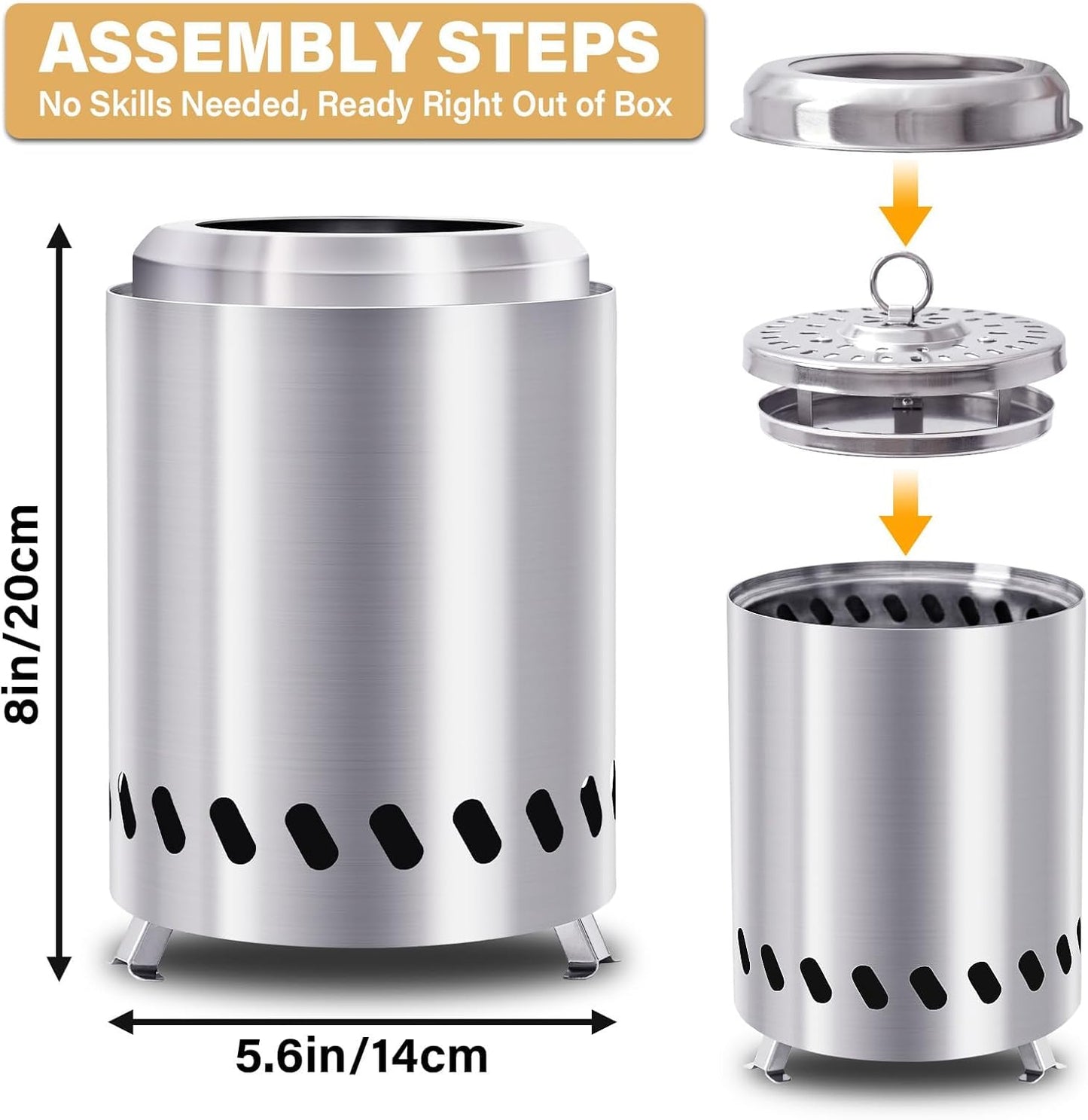 HGD Small Tabletop Fire Pit, Smokeless Table Top Firepit, Portable Mini Stove with Carry Bag for Camping Backyard Patio Garden Picnic, Fueled by Pellets or Wood, Stainless Steel, Silver-VerdiqueGarden