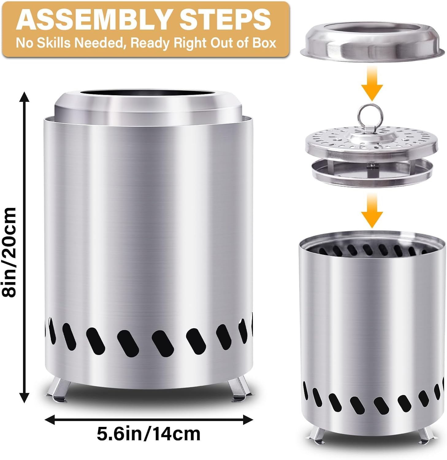 HGD Small Tabletop Fire Pit, Smokeless Table Top Firepit, Portable Mini Stove with Carry Bag for Camping Backyard Patio Garden Picnic, Fueled by Pellets or Wood, Stainless Steel, Silver-VerdiqueGarden