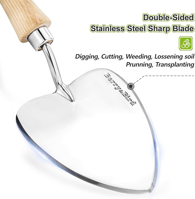 Berry&Bird Perennial Trowel, Oversized Garden Potting Trowel with Sharp Blade Wood Hand Shovel, Stainless Steel Planting Trowel Gardening Tool for Roots,Planting,Digging,Transplanting and Cutting-VerdiqueGarden