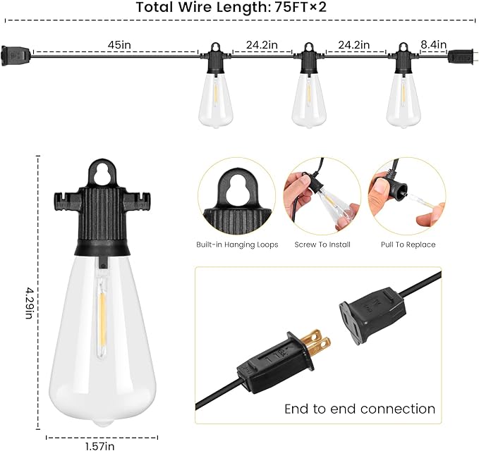 Outdoor String Lights, 150FT LED Patio Lights with 72+3 ST38 Vintage Edison Shatterproof Bulbs, Waterproof Connectable Dimmable Outside Hanging Lights for Backyard Bistro Porch Gazebo(75FTx2)-VerdiqueGarden