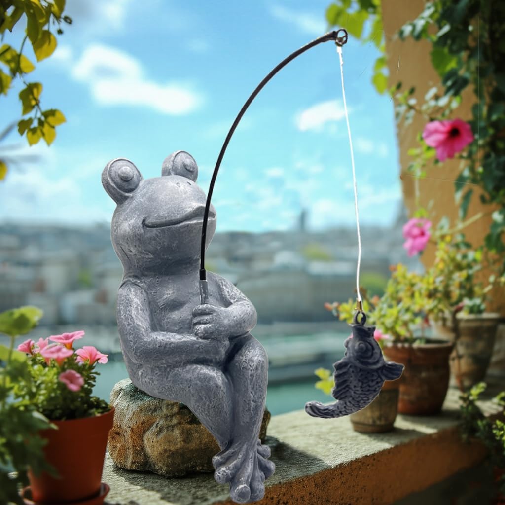 Frog Fishing Statue Garden Decor – 9.8" Weatherproof Resin Frog Fishing Sculpture Decor for Fish Ponds, Koi Ponds, Waterfalls, Poolside & Outdoor Gardens– Resin Figurine for Indoor & Outdoor Décor-VerdiqueGarden
