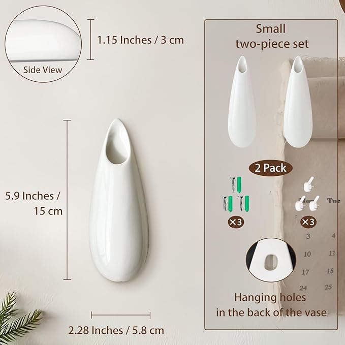 2 Pack White Ceramic Wall Vases,5.9 Inch Wall Hanging Plant Holder,Cubicle Modern Decor Plant Holder Vase for Indoor Plants, Hanging Propagation Flower Pots for Air Vases-VerdiqueGarden