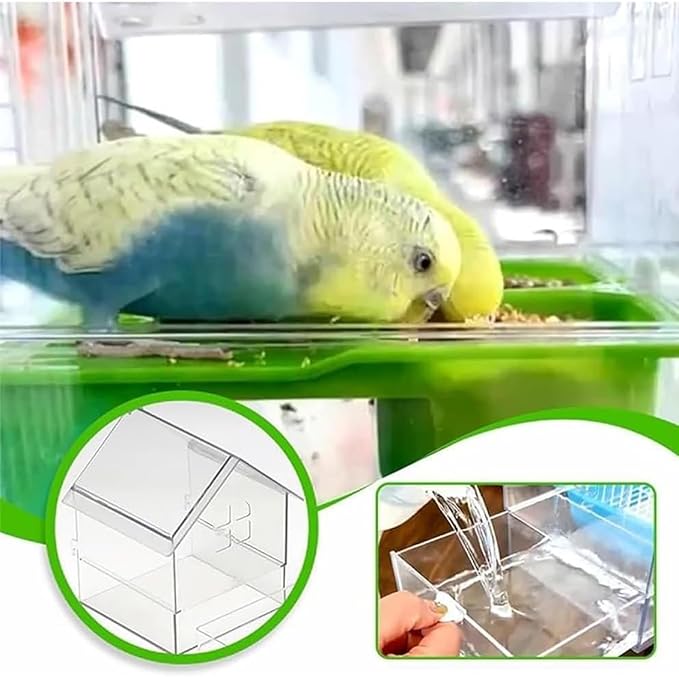 2026 New Pull-Out External Parrot Feeder, Bird Bath for Cage, 7*6*5.5in Bird Feeder House, Transparent Parakeet Cage Accessories, Easy To Fill, Clean, Long-Lasting, for Finch and Hummingbird (Green)-VerdiqueGarden