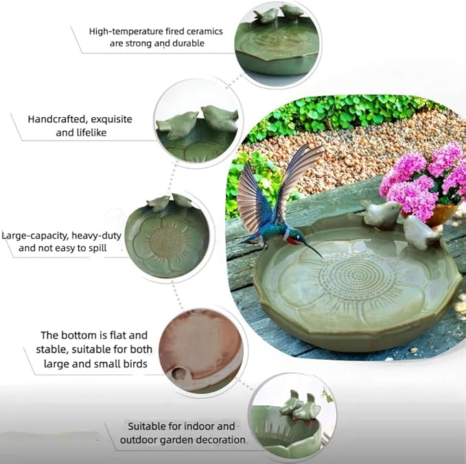 Bird Bath for Outside on Ground, 10 in Ceramic Birds Bath Bowl, Handmade Ground Bird Feeders and birdbath for Outdoors for Outdoors, Garden, Tabletop, Balcony and Lawn (Big - shallow)-VerdiqueGarden
