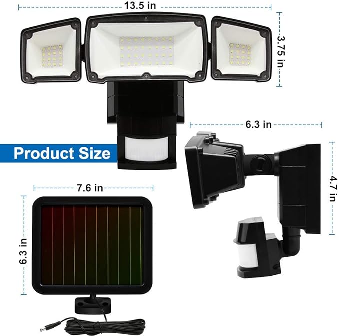 AmeriTop Solar Lights Outdoor, Super Bright 1600LM LED 6000K Solar Motion Sensor Lights with Wide Angle Illumination; 3 Adjustable Heads, IP65 Waterproof Outdoor Security Lighting (Black)-VerdiqueGarden