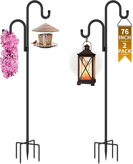 Double Shepherds Hooks for Outdoor, Bird Feeder Pole with 5 Prongs Base, Heavy Duty Garden Hook for Lantern, Wind Chime and Hummingbird Feeder, 76 Inch, 2 Pack-VerdiqueGarden