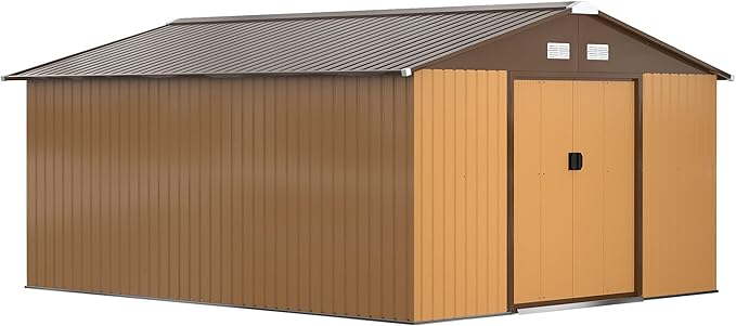 Outsunny 11' x 13' Outdoor Storage Shed, Garden Tool Metal Shed with Foundation Kit, Double Lockable Door, Air Vents and Sloping Roof, for Backyard, Patio, Lawn, Yellow-VerdiqueGarden