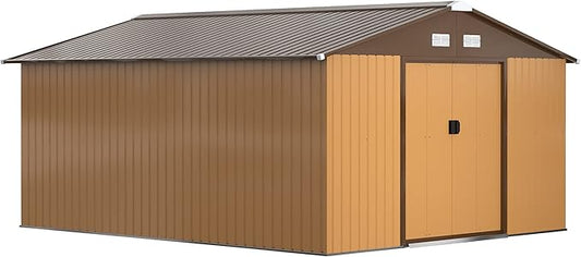 Outsunny 11' x 13' Outdoor Storage Shed, Garden Tool Metal Shed with Foundation Kit, Double Lockable Door, Air Vents and Sloping Roof, for Backyard, Patio, Lawn, Yellow-VerdiqueGarden