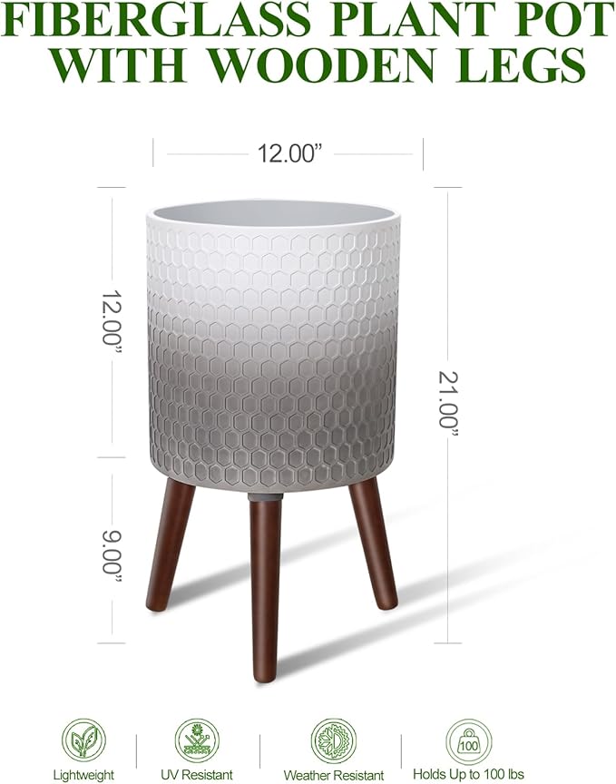 12 Inches Indoor Plant Pot with Walnut Color Stand Honeycomb Embossed Flower Pot with Drainage Holes Large Modern Planters for Indoor Plants-Gradient White Gray-VerdiqueGarden