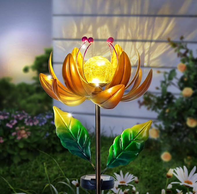 Solar Lights Wind Spinners for Yard and Garden - Metal Lotus Flower Windmills LED Crackle Glass Globe Outdoor Garden Decor Yard Art Lawn Ornament-VerdiqueGarden