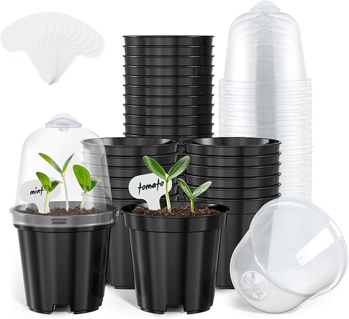 homenote Nursery Pots for Plants,3 Inch Plant Pot for Planting with Humidity Domes Plastic Seedling with Drainage Holes Seed Starter Flower with 10 Labels Black (30 Pack)-VerdiqueGarden