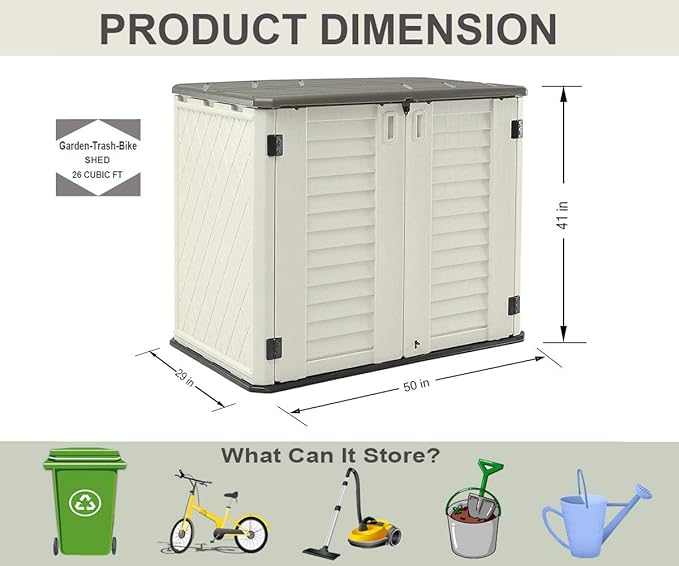 HOMSPARK Storage Shed Weather Resistance, Multi-Purpose Outdoor Storage Cabinet for Backyards and Patios, 26 Cu.ft Capacity Horizontal Storage Shed for Bike, Lawnmower, Trash Cans, Patio Accessories-VerdiqueGarden