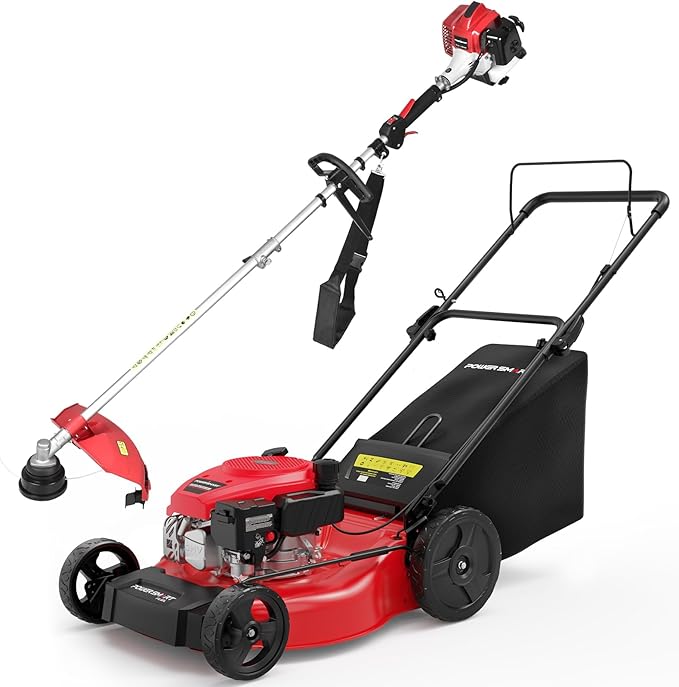 PowerSmart 21-Inch 144cc Gas Push Lawn Mower & 16-Inch 25.4cc String Trimmer/Edger with 10-Inch Brush Cutter for Grass Cutting-VerdiqueGarden