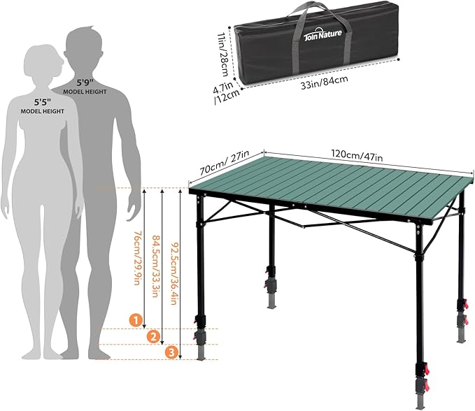 Portable Outdoor Adjustable Height Camping Table, Large for 2-6 Person, Foldable Roll-up Aluminum Camp Table with Carry Bag for Picnic, Camp, Sturdy, Stable, Loads 220 Lbs (Green)-VerdiqueGarden