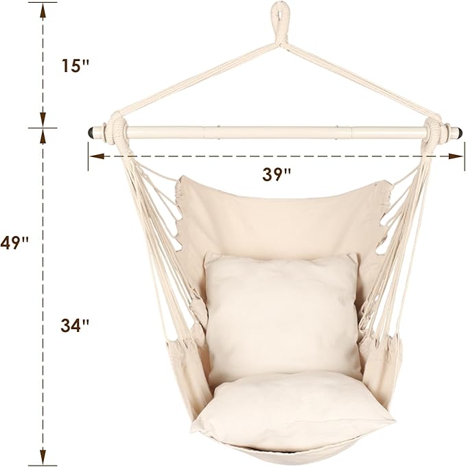 Highwild Hammock Chair Hanging Rope Swing - Max 500 Lbs - 2 Cushions Included - Steel Spreader Bar with Anti-Slip Rings - for Any Indoor or Outdoor Spaces (Beige)-VerdiqueGarden