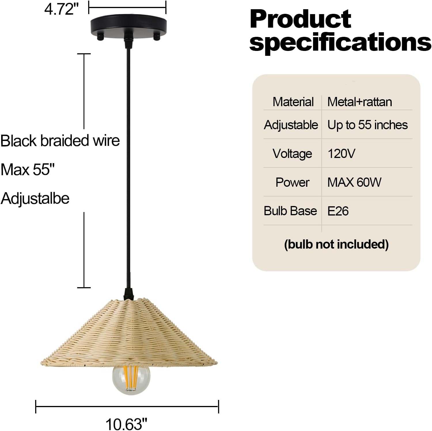 TERLEENART Hard Wired Rattan Pendant Lights Set of 2,Farmhouse Coastal Woven Wicker Ceiling Light with 10.65” Cone Shade, Boho Wired Mounted Hanging Chandelier for Bedroom Dining Room Kitchen Island-VerdiqueGarden