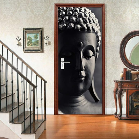 3D Door Stickers Murals - Buddha Statue - Peel and Stick - Waterproof & Washable - Black - Traditional Style - Rectangular - 34.6" x 78.7" - 2 Pieces-VerdiqueGarden