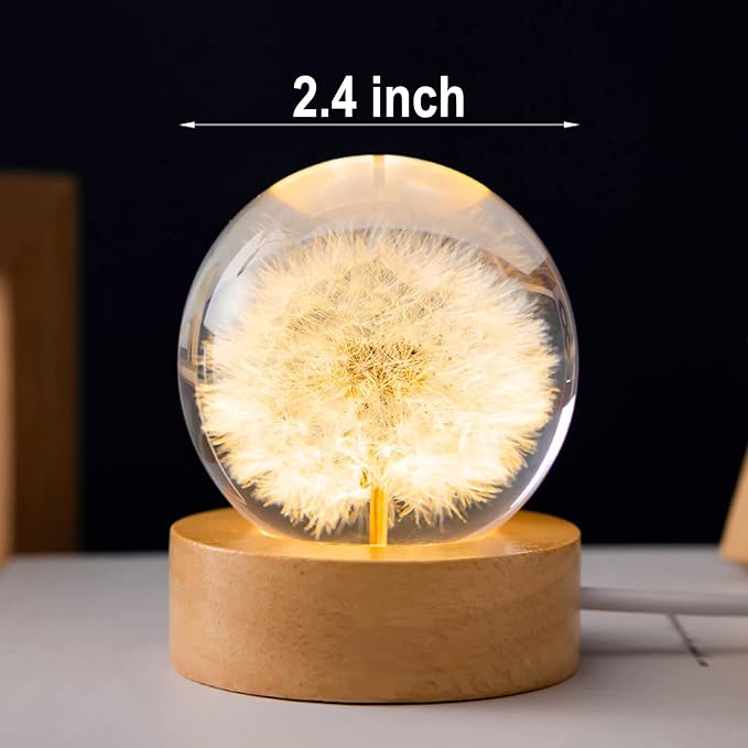 Flower Crystal Ball Night Light, 2.4 inch Glass Ball Night Lamp with Woodern Base (Yellow Daisy)-VerdiqueGarden