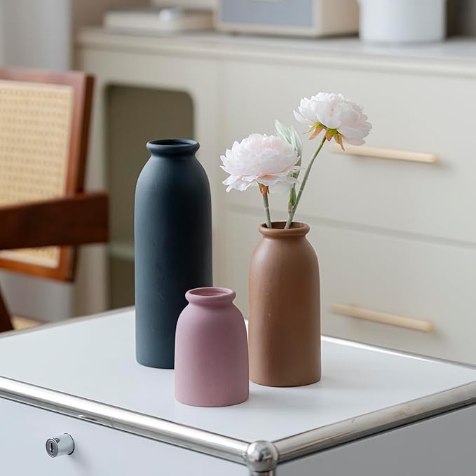 Ceramic Vase Set-3, Small Flower Vases for Decor, Modern Boho Farmhouse Style, Decorative Vases for Pampas Grass & Dried Flowers, Distressed Finish (Light Coffee)-VerdiqueGarden