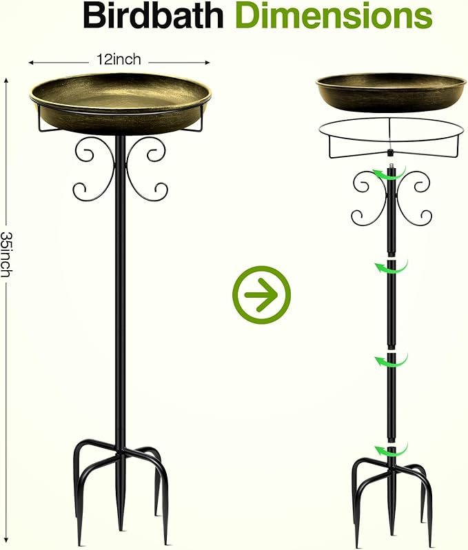 Daoeny 35In Metal Bird Bath for Outside, Vintage Bird Bath Bowl, Detachable Birdbath & Birdfeeder with 5 Prongs Base Stake, Bird Baths for Outdoors Garden Yard Lawn Decor (Antique Golden)-VerdiqueGarden