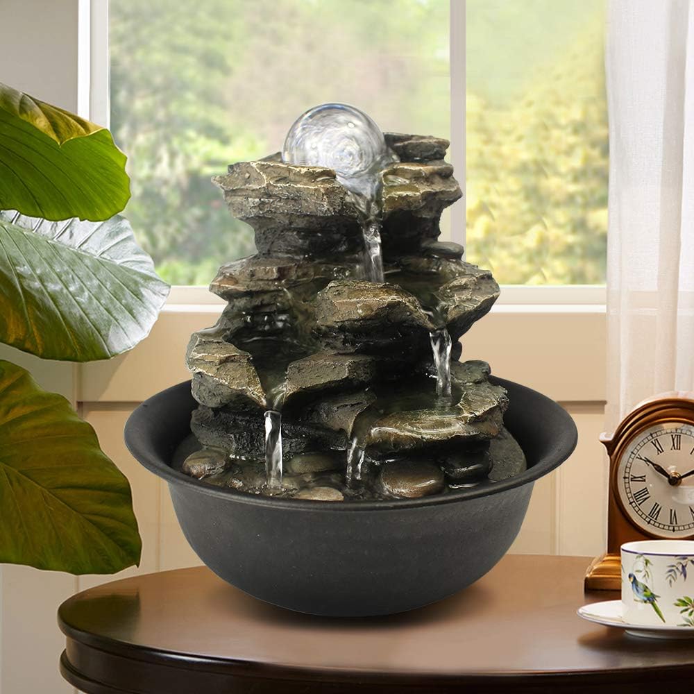 Spinning Orb Rock Cascading Tabletop Fountain, Zen Meditation Indoor Waterfall Feature with LED Light for Home Office Bedroom Relaxation-VerdiqueGarden