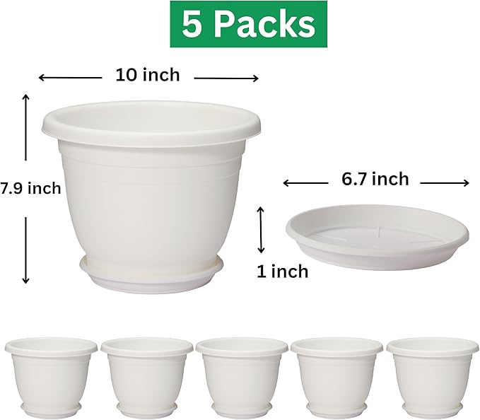 5 Packs 10 inch Plant Pots + Saucer, Planters for Indoor & Outdoor Plants with Drainage Holes | Plastic Flower Pots, Large Planter (White, 10 inch)-VerdiqueGarden