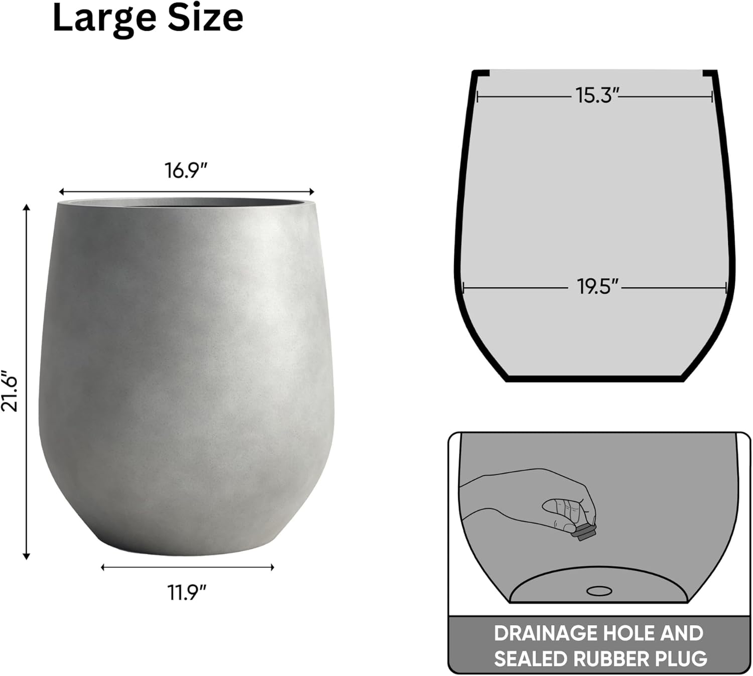 DTY Signature Mount Wilson Lightweight and Durable Modern Fiberstone Tapered Planter for Indoor Outdoor Drainage Hole & Rubber Plug Weather Resistant, 21.7" H x 20" Dia,15.7" Opening - Large, Gray-VerdiqueGarden