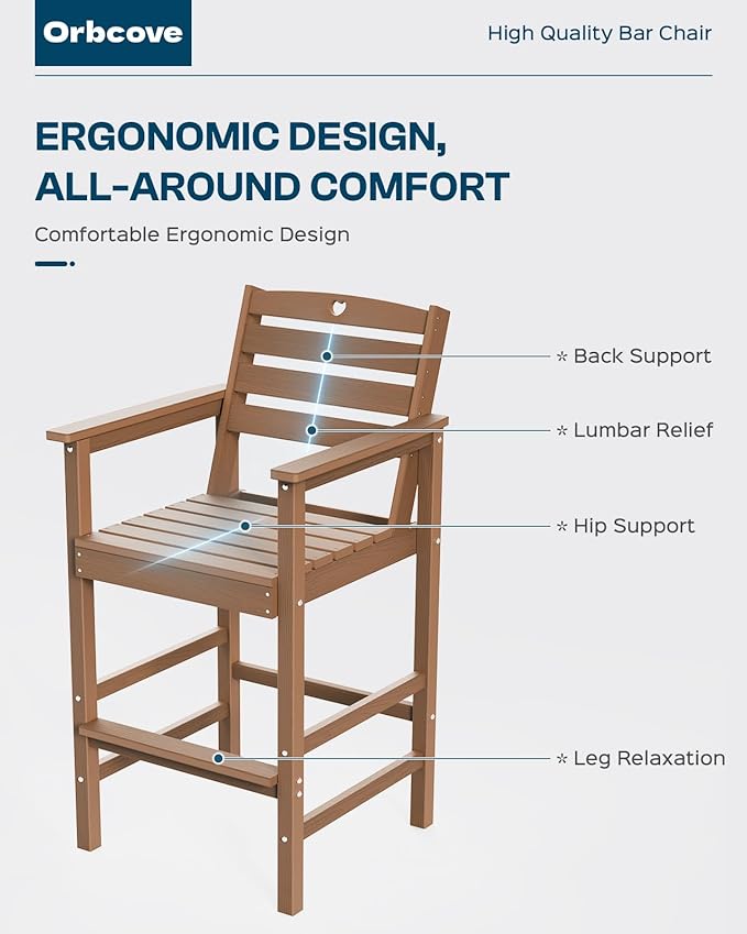 Tall Adirondack Chairs Set of 2, HDPE Wood Balcony Adirondack Chairs Set with Heart Cutout Design, Weather-Resistant Bar Height Furniture for Deck, Porch, Pool (Teak)-VerdiqueGarden
