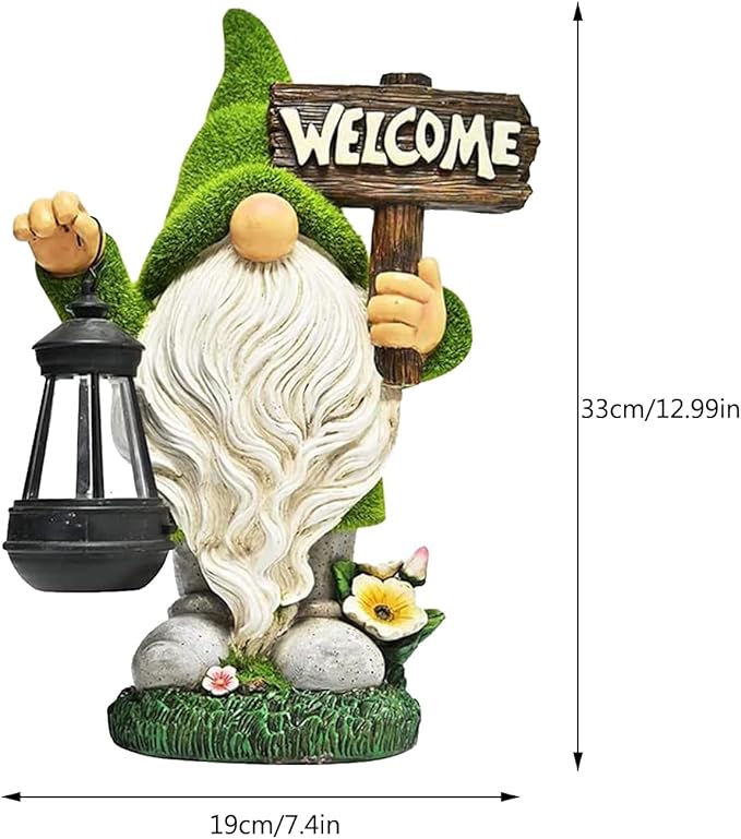 Garden Gnome Statue Outdoor Decor Large Flocked Resin Gnome Figurine with Solar Light Holding Lantern Welcome Sign Garden Yard Decorations Dwarf Sculpture for Outside Patio Porch Lawn Decor.-VerdiqueGarden