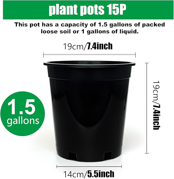 1.5 Gallon Plastic Nursery Pots, 7.5 Inch Round Plant Pots with Drainage Holes, 15 Pack Flower Pots for Outdoor Indoor Plants, Flowers, Black-VerdiqueGarden