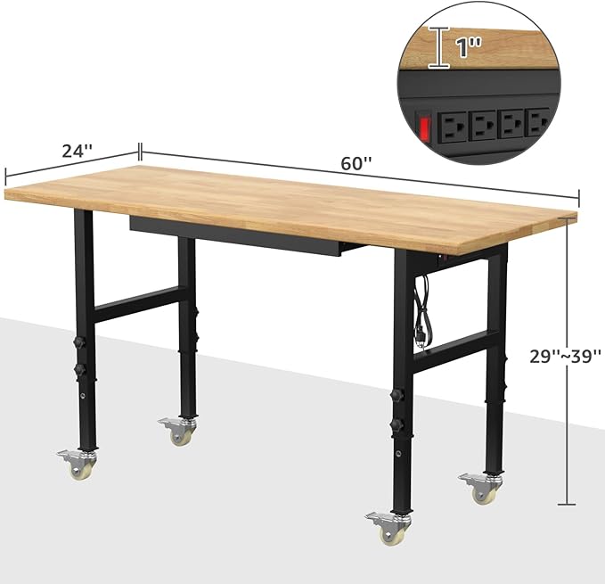 60" Adjustable Workbench,Heavy-Duty Work Table,3000 LBS Load Capacity Hardwood Workstation Outlets with Power Strips, Drawers and Wheels,for Workshop, Garage-VerdiqueGarden