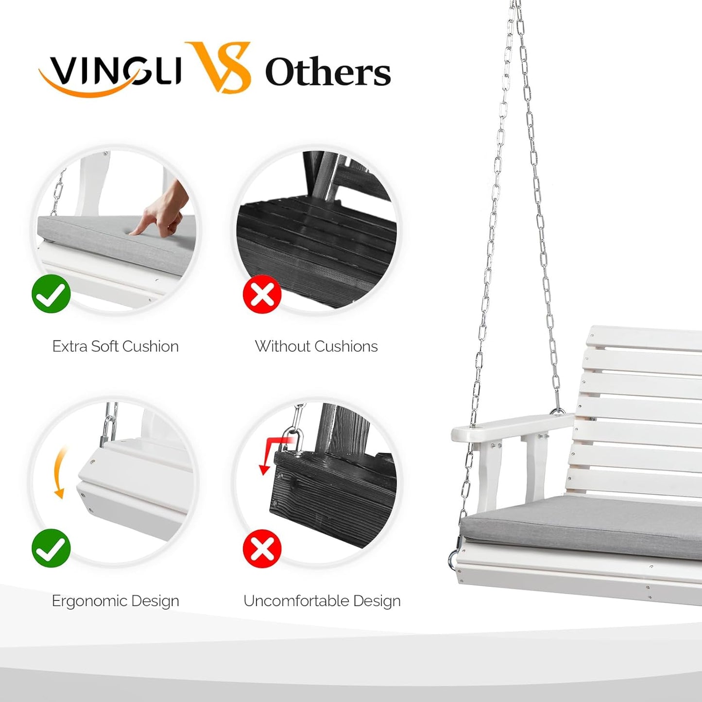 VINGLI Heavy Duty 880 LBS Patio Wooden Porch Swing Outdoor with Extra Cushion, Farmhouse Hanging Bench Tree Swing with Adjustable Chains for Yard | Garden | Lawn | Balcony (5 FT, White)-VerdiqueGarden