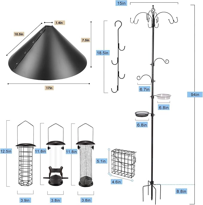 Bird Feeding Station Kit with Squirrel Baffle Bird Feeder Pole with Suet Cage Mesh Tray Fruit Hook Double W Hook for Attracting Wild Birds and Hanging Planter Hanger Lights-VerdiqueGarden