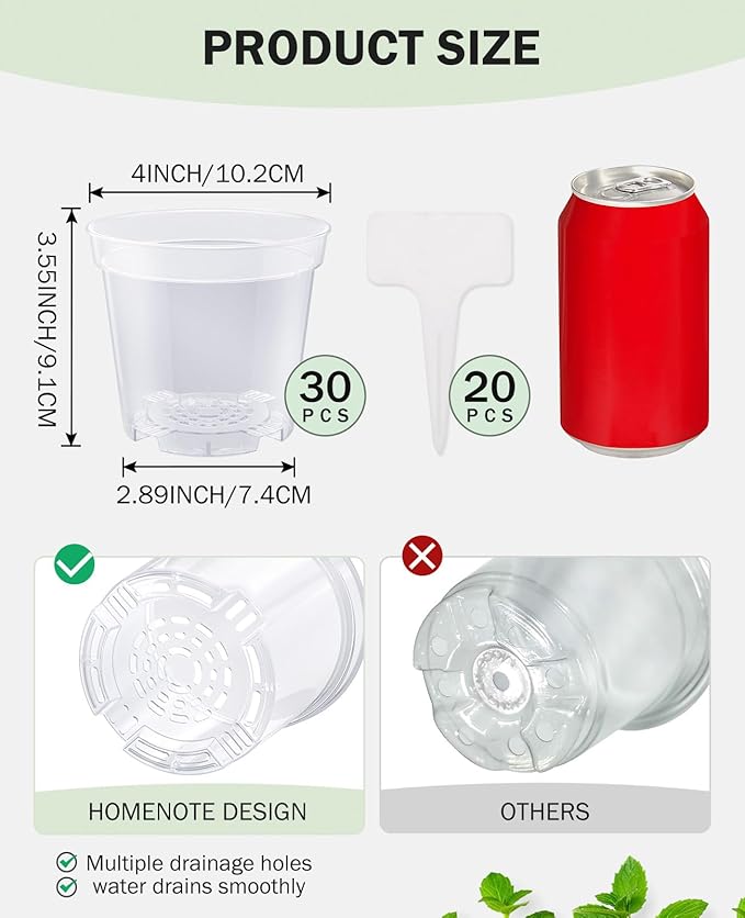 homenote Clear Nursery Pots for Plants,4 Inch Plant Pot for Planting Plastic Seedling with Drainage Holes Seed Starter Flower High Transparency with 20 Labels (30 Pack)-VerdiqueGarden