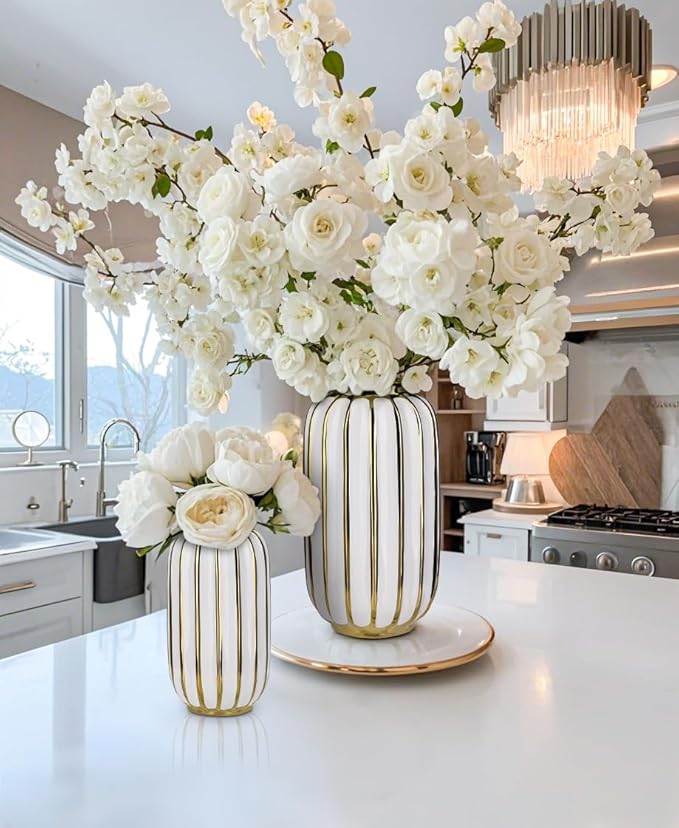 Briful Gold Plated Lantern Ceramic Vase Home Decor Creative Design Porcelain Decorative Flower Vase 11.02'' White Ceramic Vases for Wedding Anniversary Decoration-VerdiqueGarden
