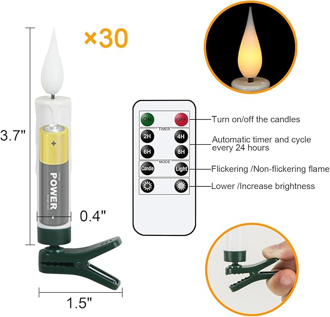 DRomance Christmas Tree Flameless Taper Candle Lights Battery Operated with 10-Key Remote and Timer, 30 Pack Plastic 3D Wick Flickering LED Taper Candles Multi-Using Home Garden Holiday Decor 3.4"-VerdiqueGarden