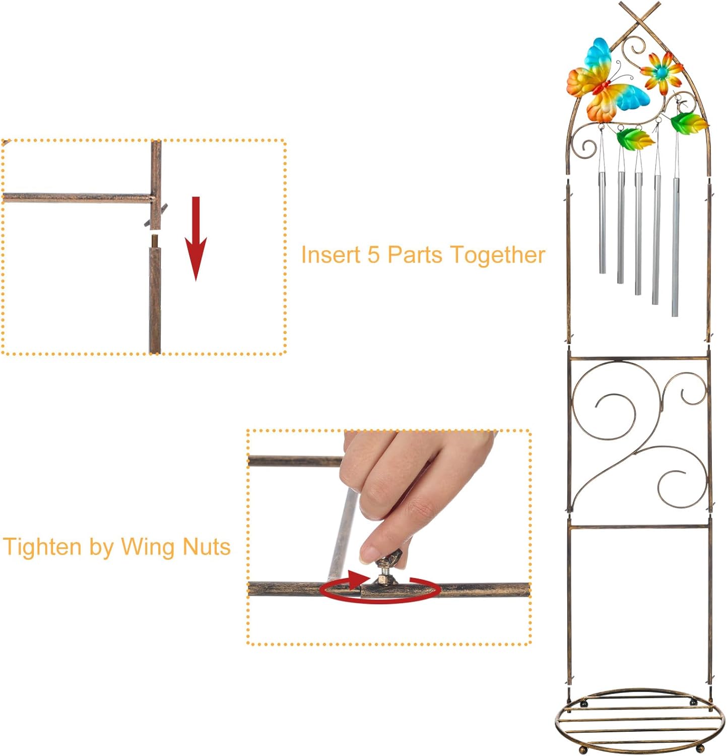 Garden Trellis with Plant Stands, 48” Metal Detachable Butterfly Plant Pot Trellis with Wind Chimes for Climbing Plants Outdoor Lawn Patio Porches Decor-VerdiqueGarden