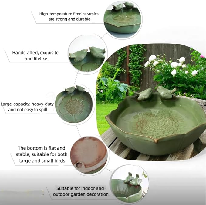 Bird Bath for Outside on Ground, 10 in Ceramic Birds Bath Bowl, Handmade Ground Bird Feeders and birdbath for Outdoors for Outdoors, Garden, Tabletop, Balcony and Lawn (Big - deep)-VerdiqueGarden