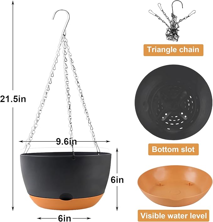10 inch Plant Pot Hanging Planters Self Watering Pots for Indoor Plants, 3 Pack Plastic Hanging Basket with Removable Tray for Home Garden Porch Balcony Patio Decor(Black)-VerdiqueGarden