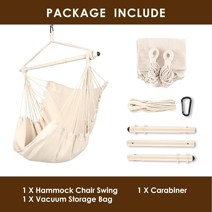 Highwild Hanging Rope Hammock Chair Swing Seat for Any Indoor or Outdoor Spaces - 500 lbs Weight Capacity (Beige)-VerdiqueGarden