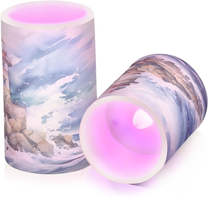 Flickering Flameless Candles, Lighthouse Ocean LED Candles with Remote Timer, Set of 2 Battery Operated Candle for Valentine Wedding Birthday-VerdiqueGarden