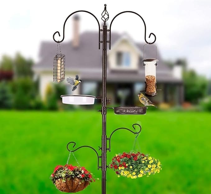 Deluxe Bird Feeding Station Kit With Multi Feeder Hanging Pole, Metal Suet Feeder, Bird Bath, Mesh Tray for Attracting Wild Birds and Planter Hanger (1 Pack)-VerdiqueGarden