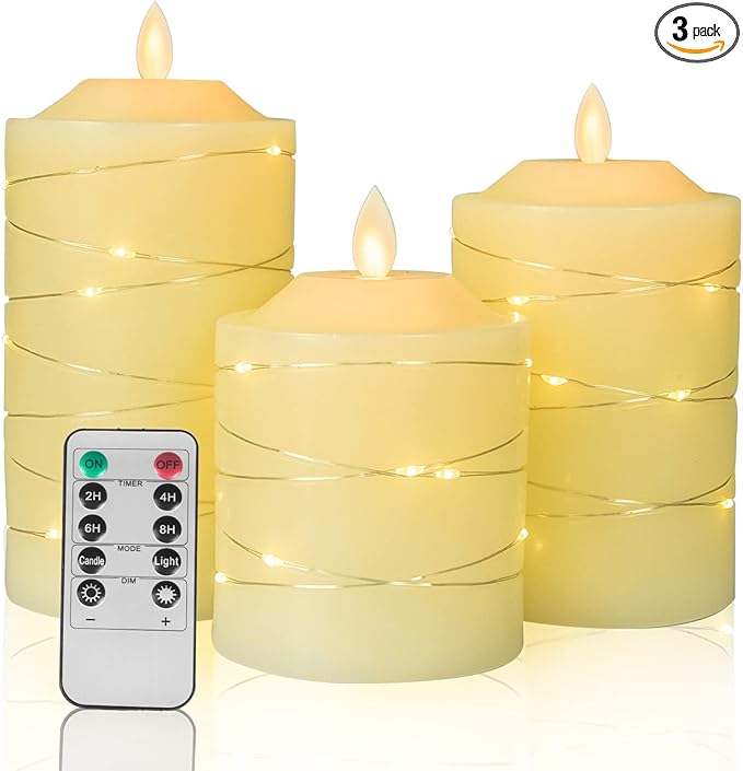 Battery Operated Flameless LED Candles: with Embedded String Lights, 3 Pack Flickering Electric Candle with 10-Key Remote Control for Seasonal Festival Celebration Real Wax(Batteries not Included)-VerdiqueGarden