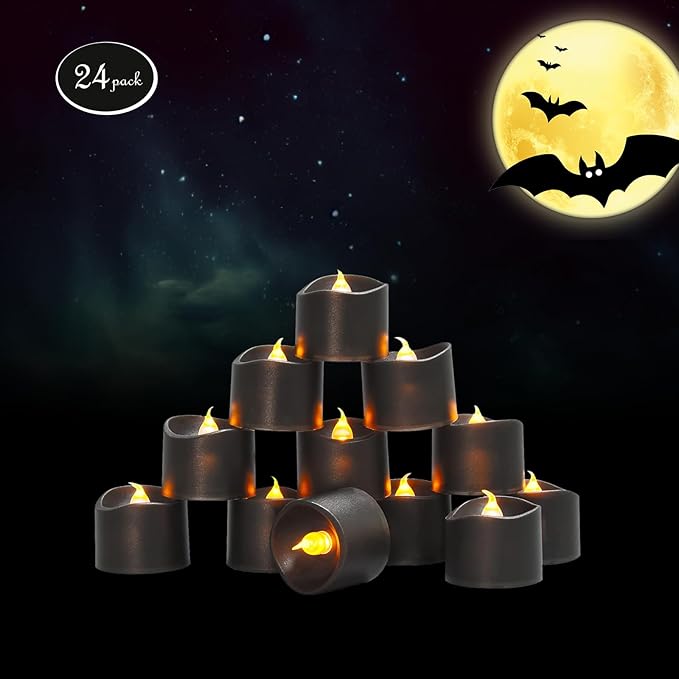 JOSU Flameless Candles Halloween Decorations, 24PCS Tea Lights Candles Battery Operated, Realistic Votive Tealights with Warm Light for Christmas Decors Outdoor(Black)-VerdiqueGarden