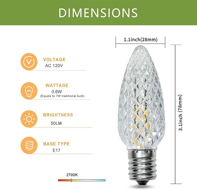 50Pack C9 Replacement LED Light Bulbs, Strawberry Christmas Bulb 2700K Soft White Shatterproof & Waterproof Outdoor String Light Bulbs, E17 Candelabra Base Edison Bulbs for Holiday Decoration-VerdiqueGarden