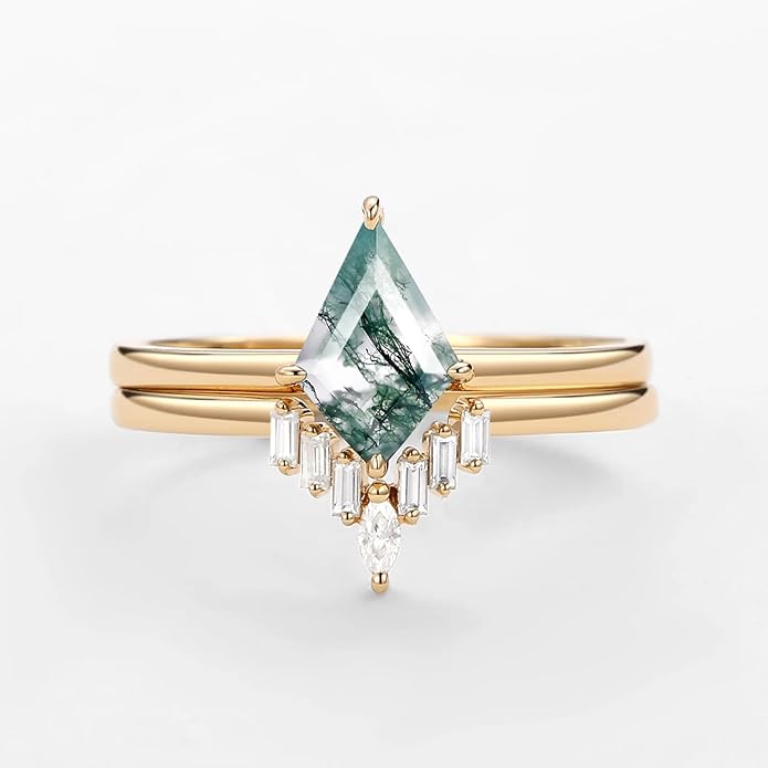 Natural Moss Agate Bridal Ring Set for Women 1CT Kite-cut Moss Agate Engagement Ring Set 925 Sterling Silver 10K 14K 18K Gold Classic Wedding Ring Set