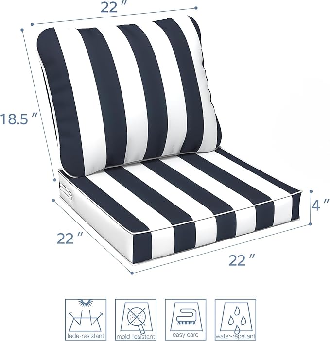 LVTXIII Outdoor Deep Seat Cushion Patio Seat and Back Cushion Set Seasonal Chair Cushion with Removable Cover and Adjustable Buckle for Home and Garden, 22"x22"x4", Cabana Navy-VerdiqueGarden
