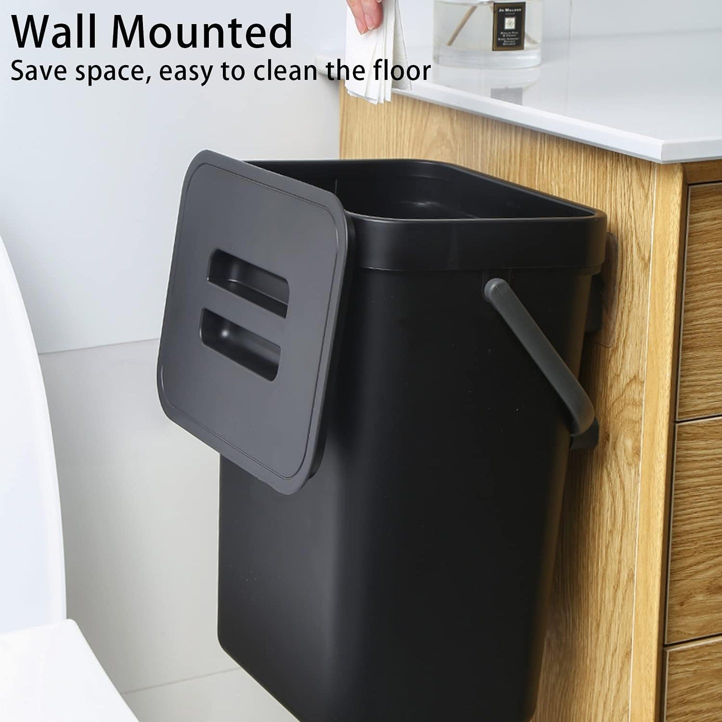 stonespace Under Sink Trash Can，Kitchen Compost Bin, Diaper Pail, 3.2 Gallon/12L Hanging Garbage Can for Baby Crib/Bathroom/Cupboard, Plastic Food Waste Bin,1 Pack Black-VerdiqueGarden